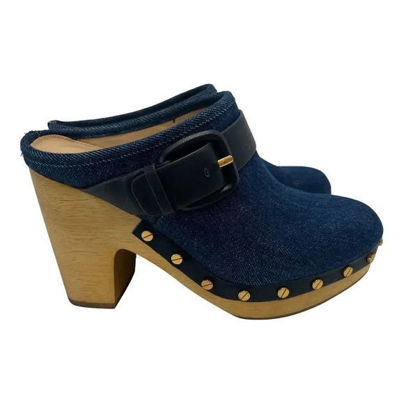 Veronica Beard Dacey Buckle Platform Clogs Eclipse Blue Denim Mules Slip On 6 - Picture 7 of 12